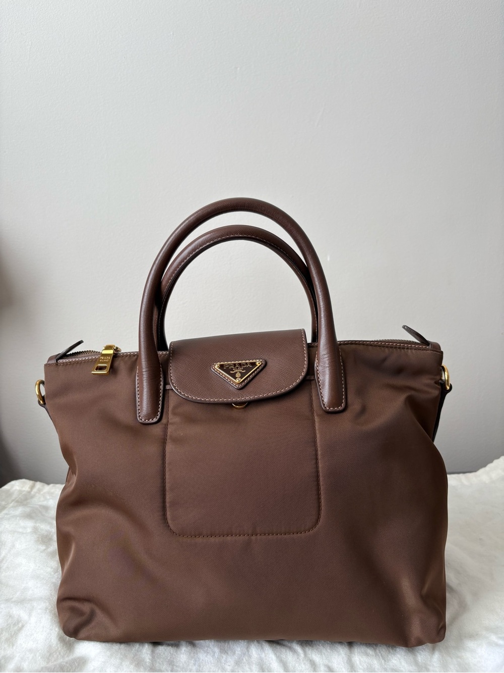 Prada Brown Tessuto Nylon Satchel with Leather Trim